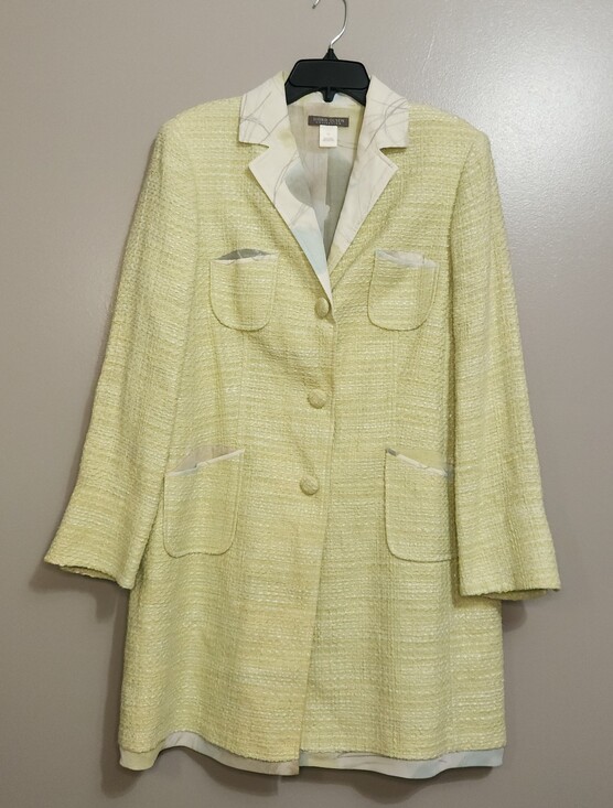 Sigrid Olsen Jackets & Blazers - Sigrid Olsen Women's Light Yellow Tweed Coat with Silk Floral Lining Size 14